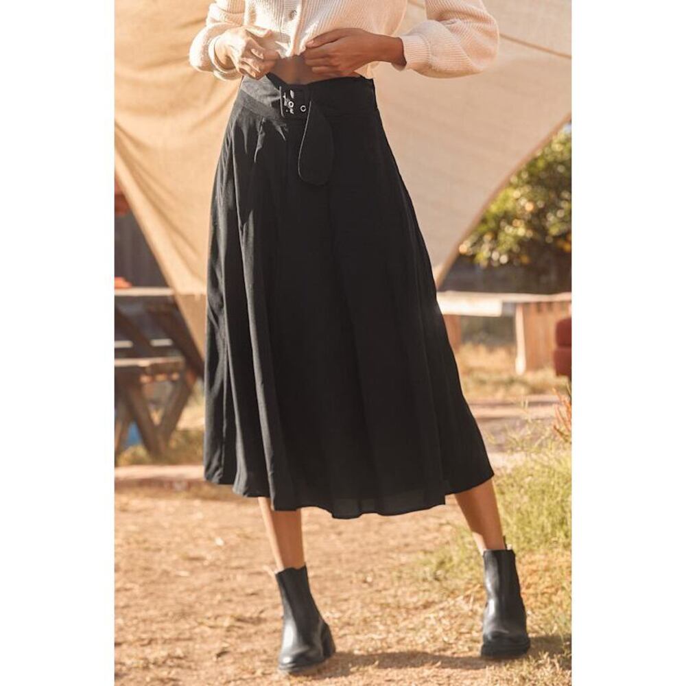 Lulus Fall Is Calling Black Belted Midi Skirt - Size L